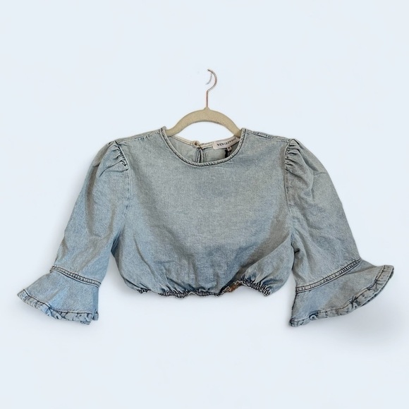 WeWoreWhat Tops - NWT WeWoreWhat cropped ruffle peasant sleeve blouse acid wash denim women’s XS